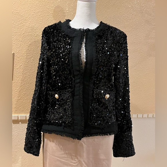 Nanette Lepore black sequin blazer / jacket, pearl buttons. Holiday outfit S NWT - Picture 4 of 15